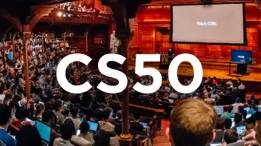 CS50 text over background of students attending Harvard CS50 lecture