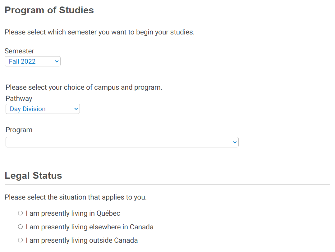 Champlain St-Lambert application page 1, select program of studies and legal status