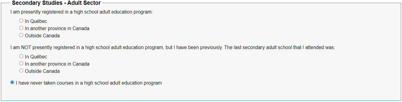 Dawson adult sector box, options for presently registered or was previously in a high school adult education program in Quebec, in another province in Canada, or outside Canada