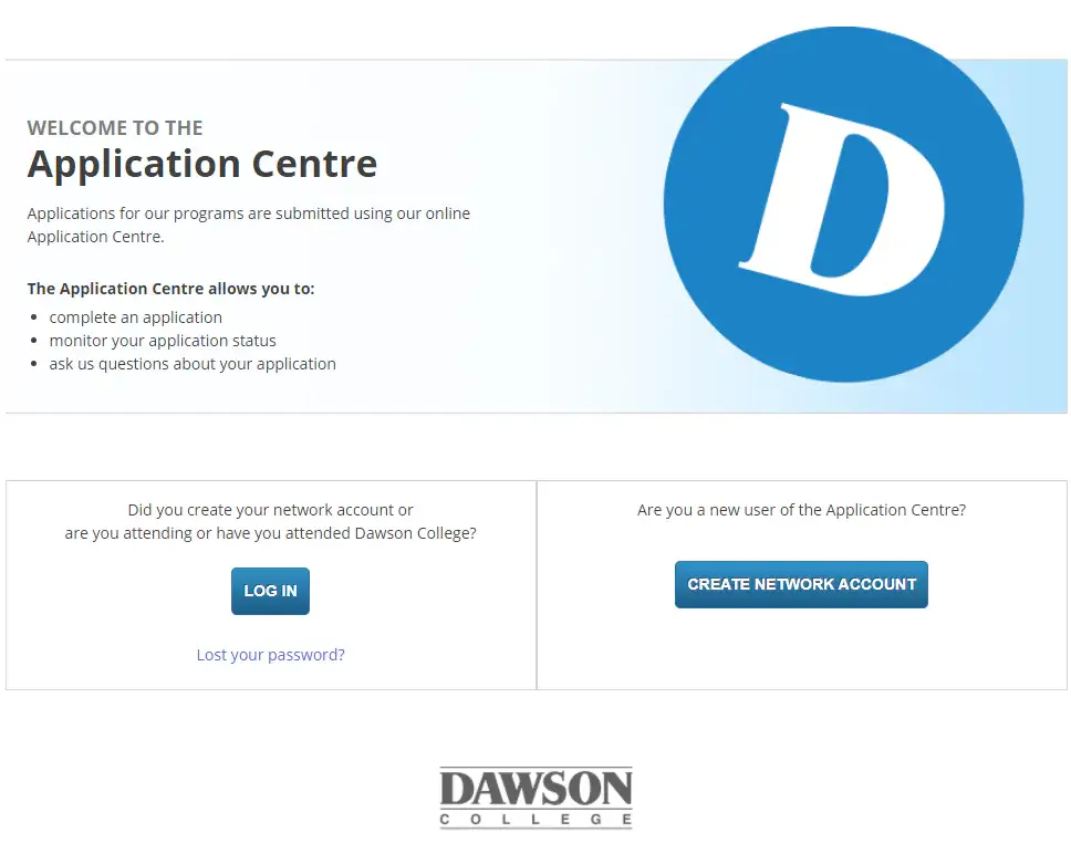 Dawson Application Centre, log in or create network account