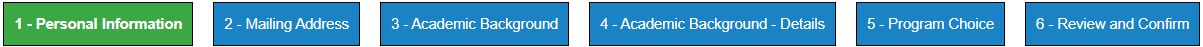 Dawson application steps including Personal Information, Mailing Address, Academic Background, Academic Background details, Program Choice, Review and Confirm