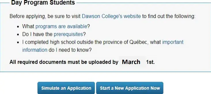 Dawson College application module with buttons to apply and to simulate an application