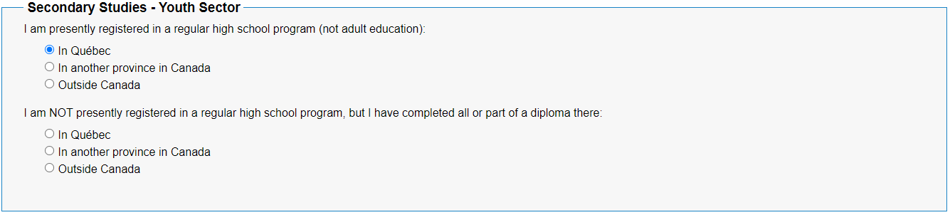 Dawson secondary youth sector box, options for presently registered or completed part of a diploma or all of a diploma in a regular high school program in Quebec, in another province in Canada, or outside Canada