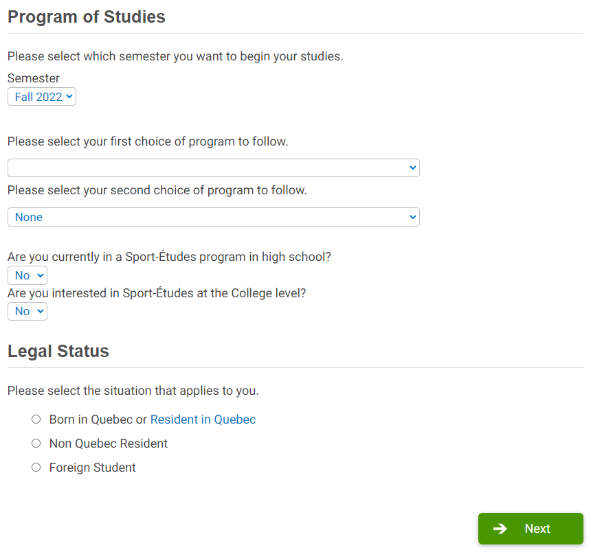 Marianopolis application page 1, select program of studies and legal status