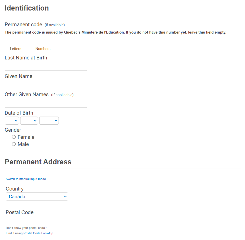 Marianopolis application step 2, Identification and Permanent Address