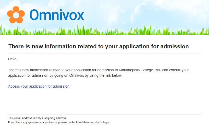 Email from Marianopolis College that says 'There is new information related to your application for admission'