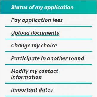 Side menu with options to check application file status, pay application fees, upload documents, and more