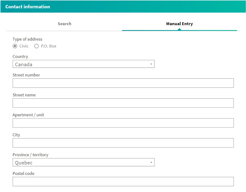 SRAM contact information form for manually inputting address