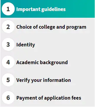 Side menu including options Important guidelines, Choice of college and program, identity, academic background, verify your information, payment of application fees