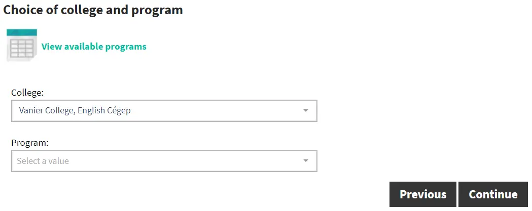 SRAM step 2, with Vanier College selected as an example and an empty input box for the program choice