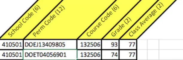 Table with school code, student permanent code, course code, grade earned, and class or group average