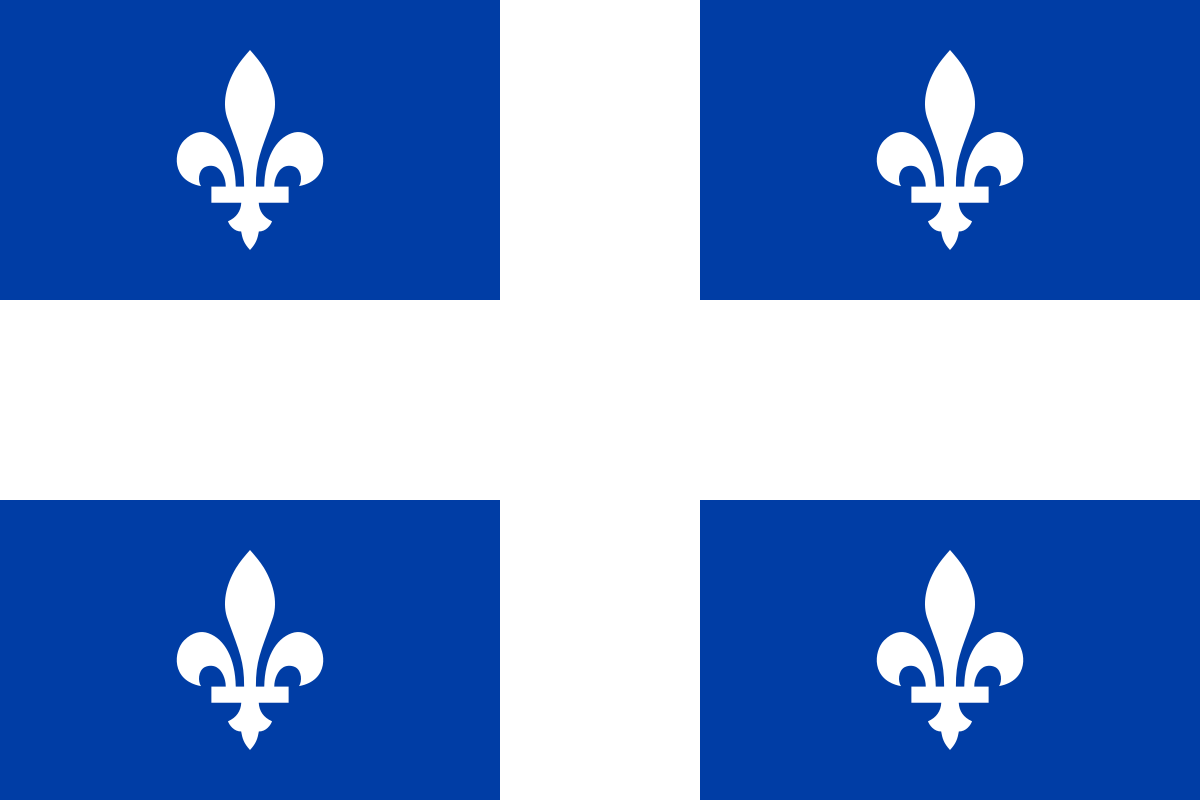 Flag of Quebec, blue rectangle with centered white cross and four fleurs de lys in each quarter of the rectangle