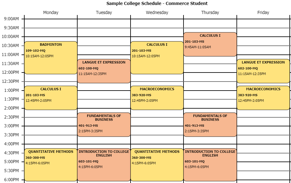 Sample college schedule of a Commerce student