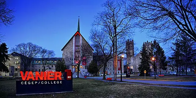 Vanier College front entrance in the evening